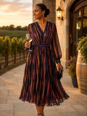 Anne Klein Pleated Sheer Stripe Midi Dress Size 16 | Wedding Guest Cocktail
